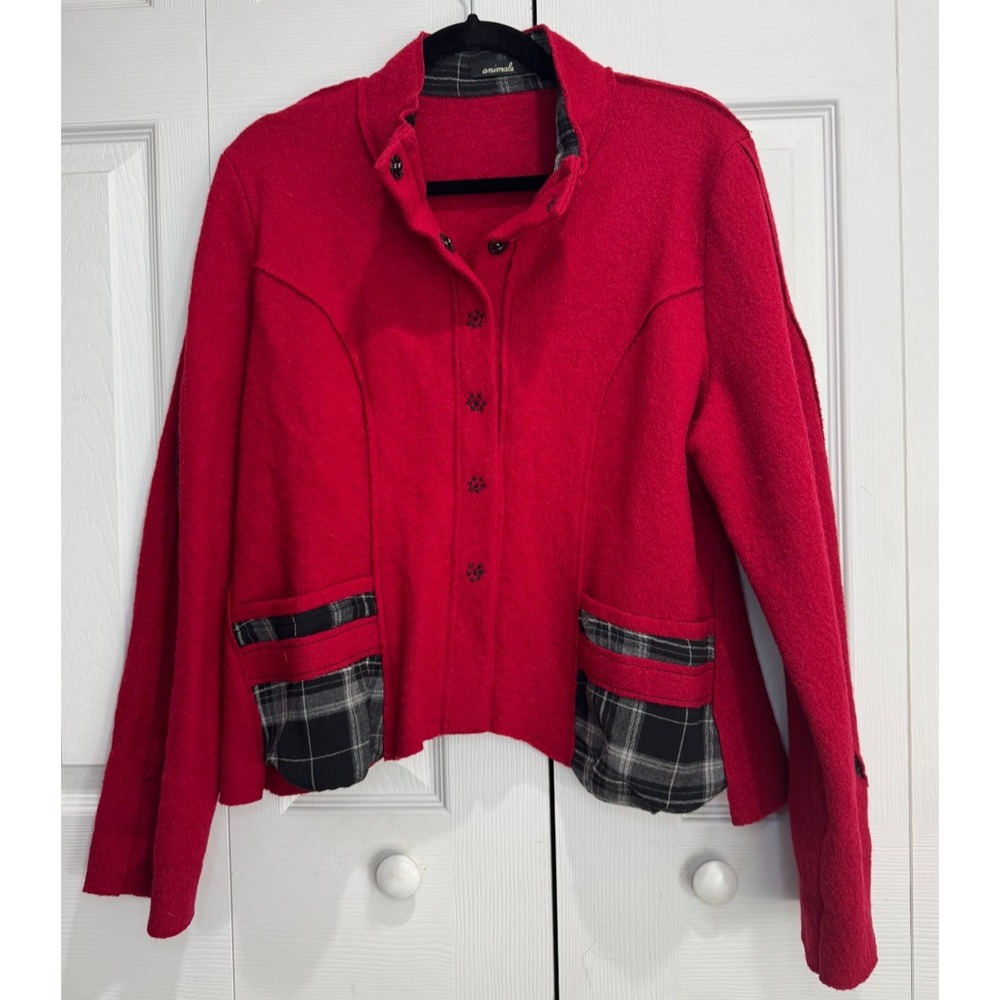 Animale Wool Coat Womens‎ 10 Red Full Button Long Sleeve Red &White Plaid Pocket